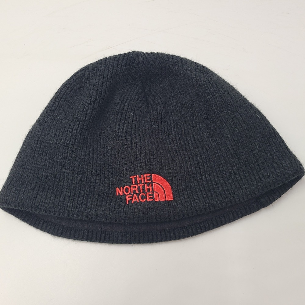 Youth The North Face Hat Beanie Black Red Logo Fleece Lined Knit Stocking Cap